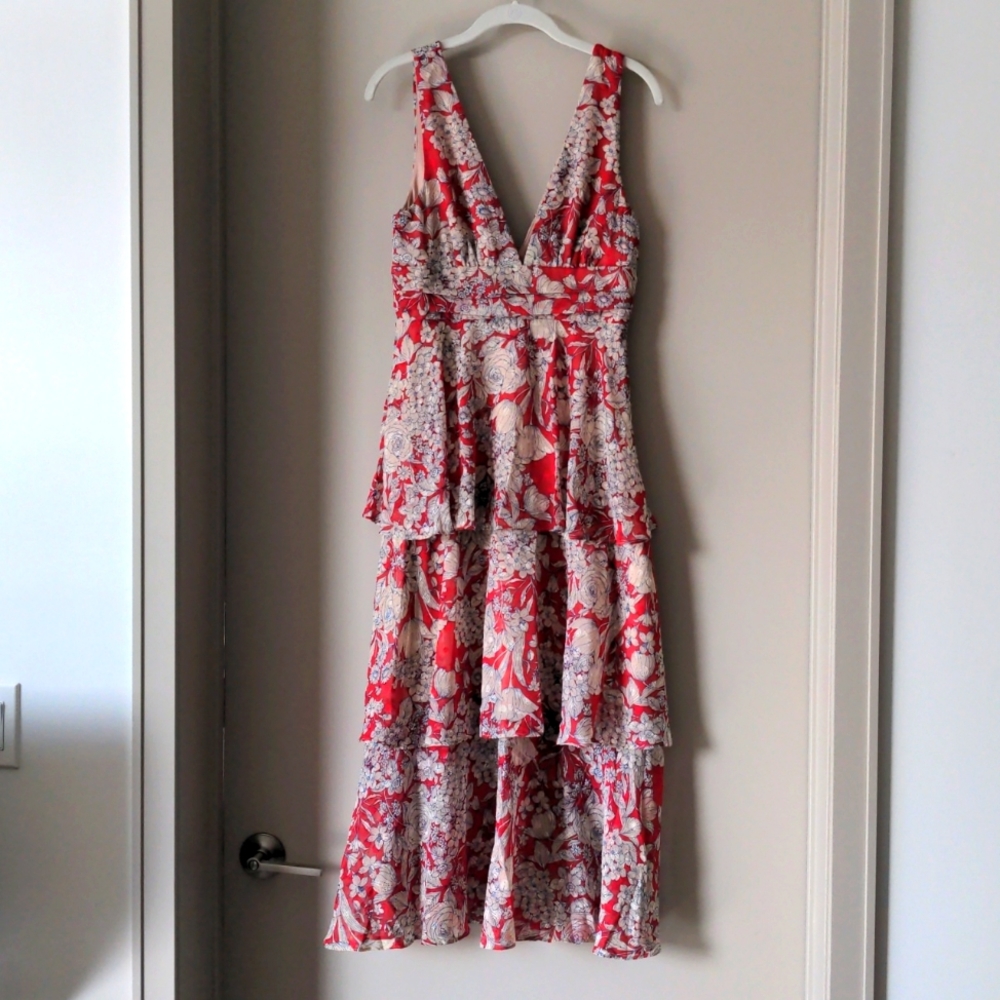 Lulu's Yier Comes the Sun Red Floral Print Tiered Midi Dress